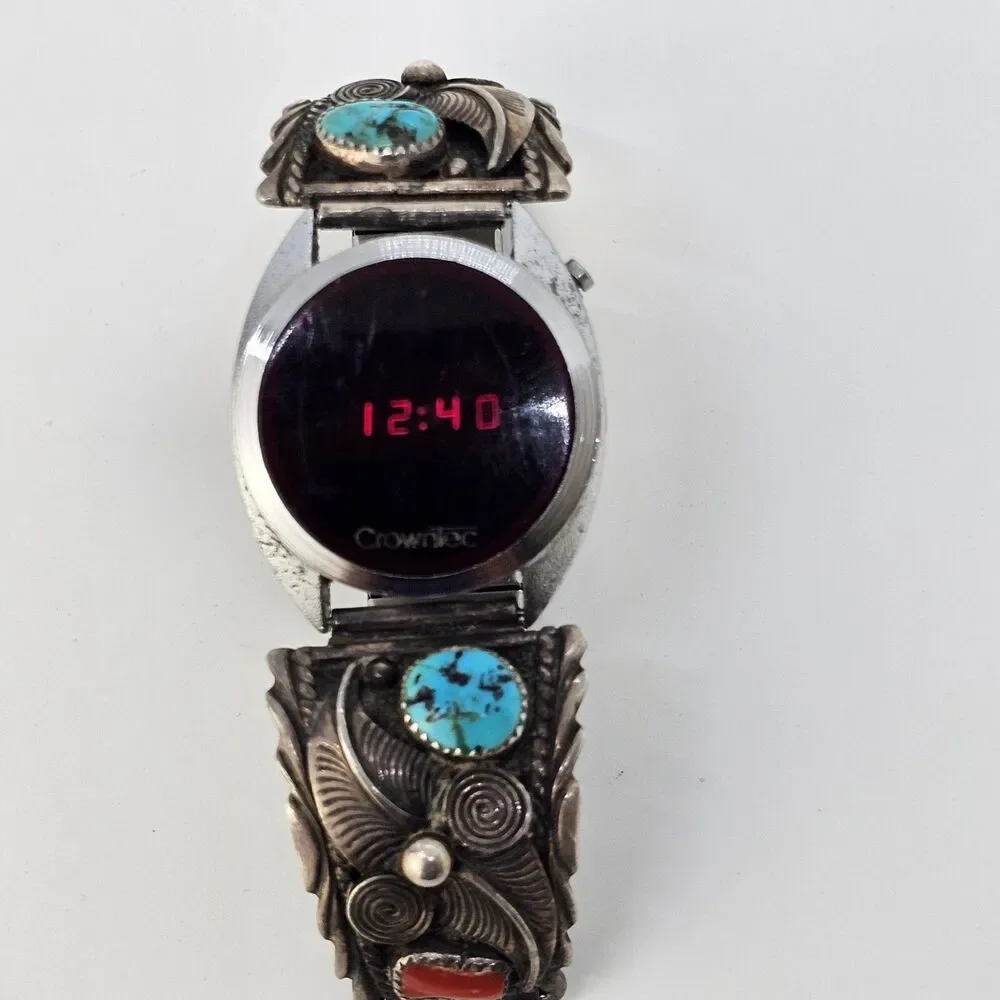VTG Navajo Sterling Silver Flower Coral Turquoise Band‎ CrownTec Digital Watch